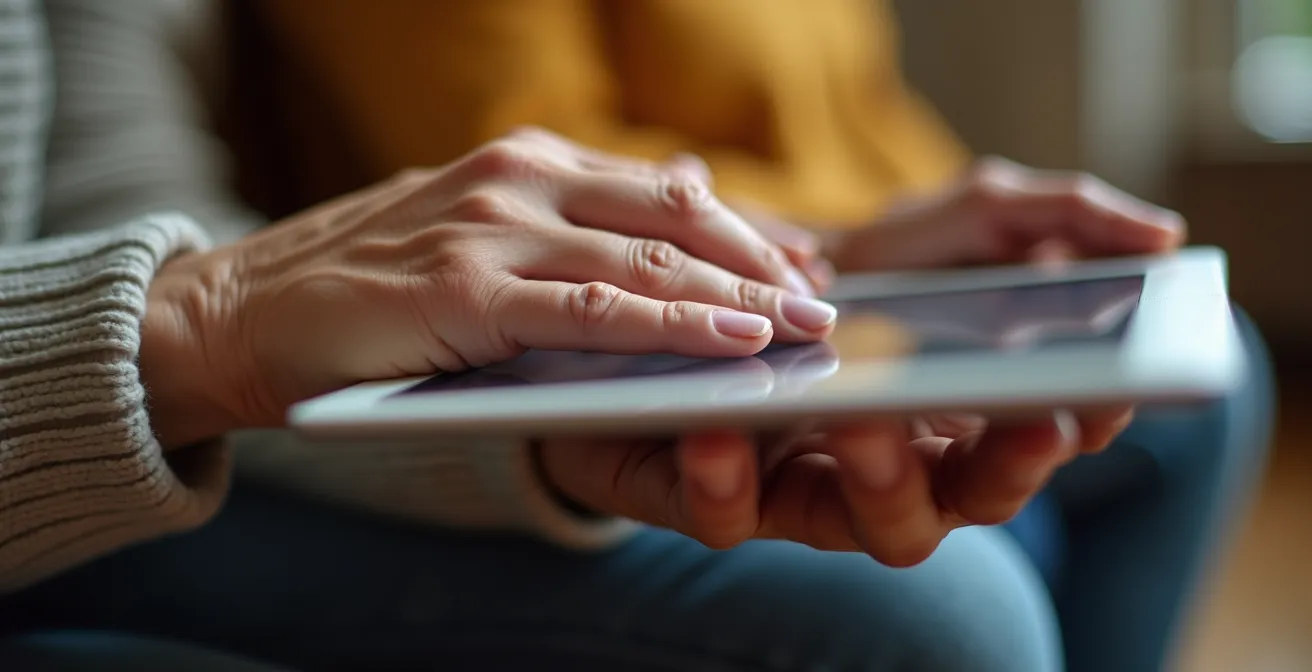 Jeune bénévole aidant une personne âgée avec une tablette dans un centre communautaire