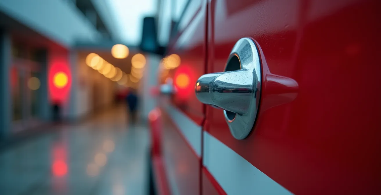 Vue arrière d'une ambulance garée devant l'entrée des urgences d'un hôpital canadien