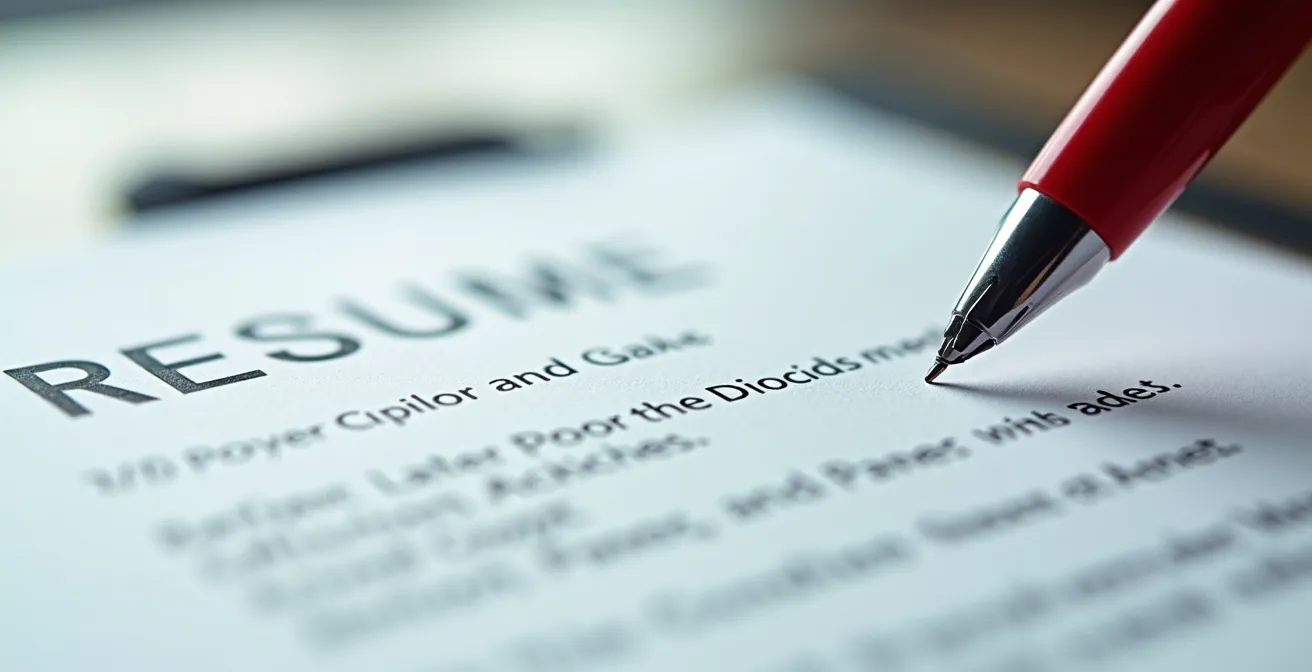 Vue macro détaillée d'un CV avec des éléments de formatage canadiens, symbolisant l'analyse par les systèmes de recrutement.