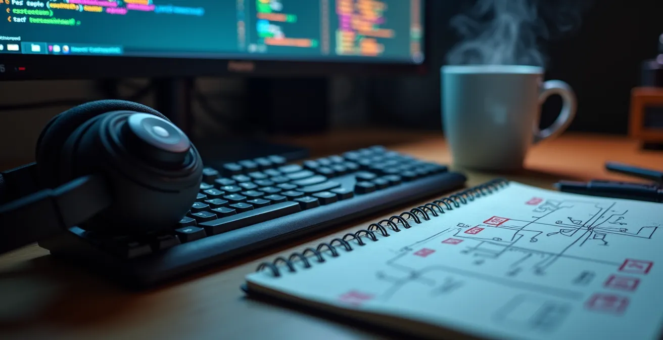 Gros plan sur un bureau avec écran montrant du code, casque audio et cahier de notes manuscrites bilingues