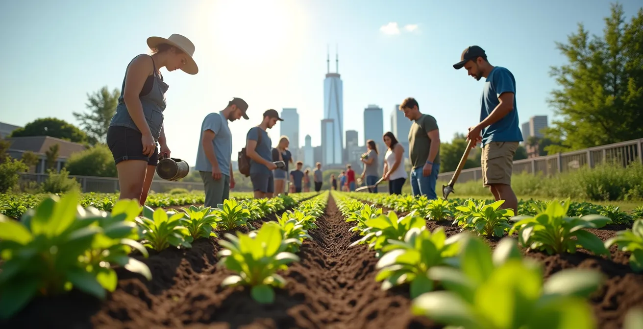 Groupe diversifié de bénévoles travaillant ensemble dans un jardin communautaire canadien