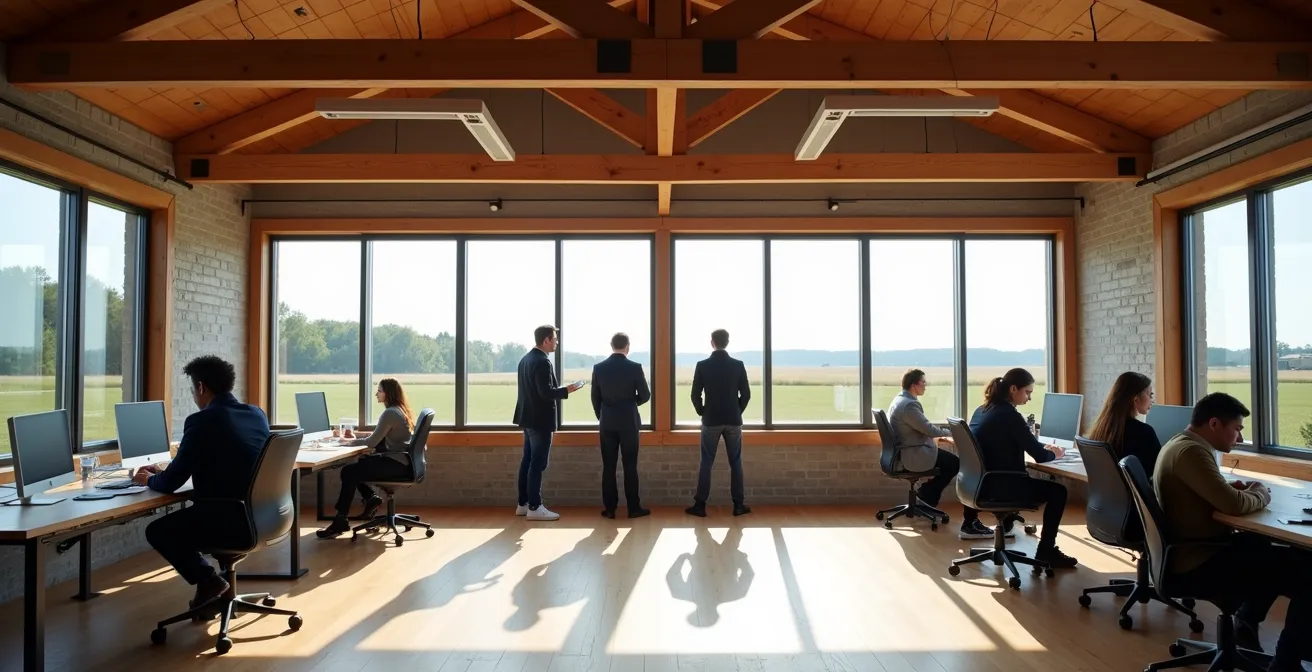 Espace de travail moderne dans un cadre rural canadien avec des employés diversifiés collaborant