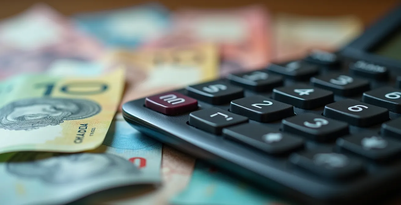 Photographie macro d'une calculatrice professionnelle avec des billets de différentes devises flous en arrière-plan