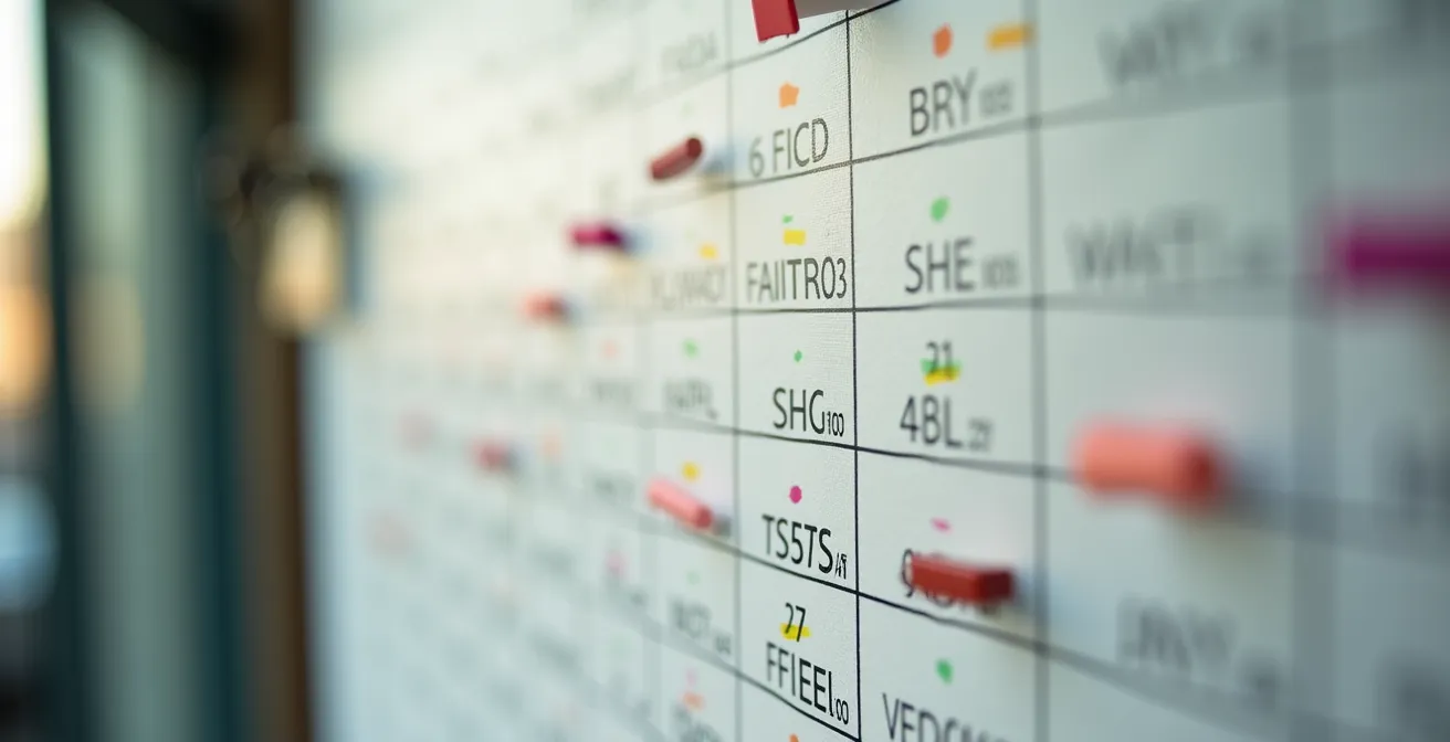 Calendrier mural avec dates clés marquées et vue sur appartement à visiter