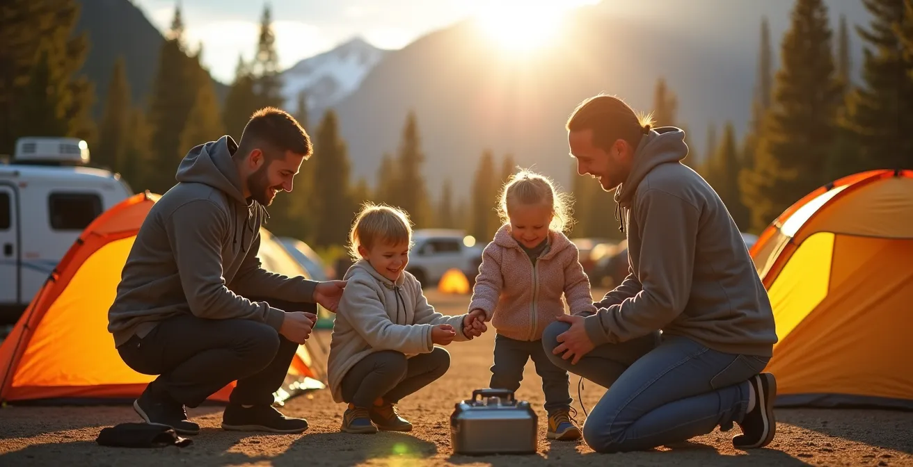 Terrain de camping Whistlers à Jasper avec tentes et VR au pied des montagnes