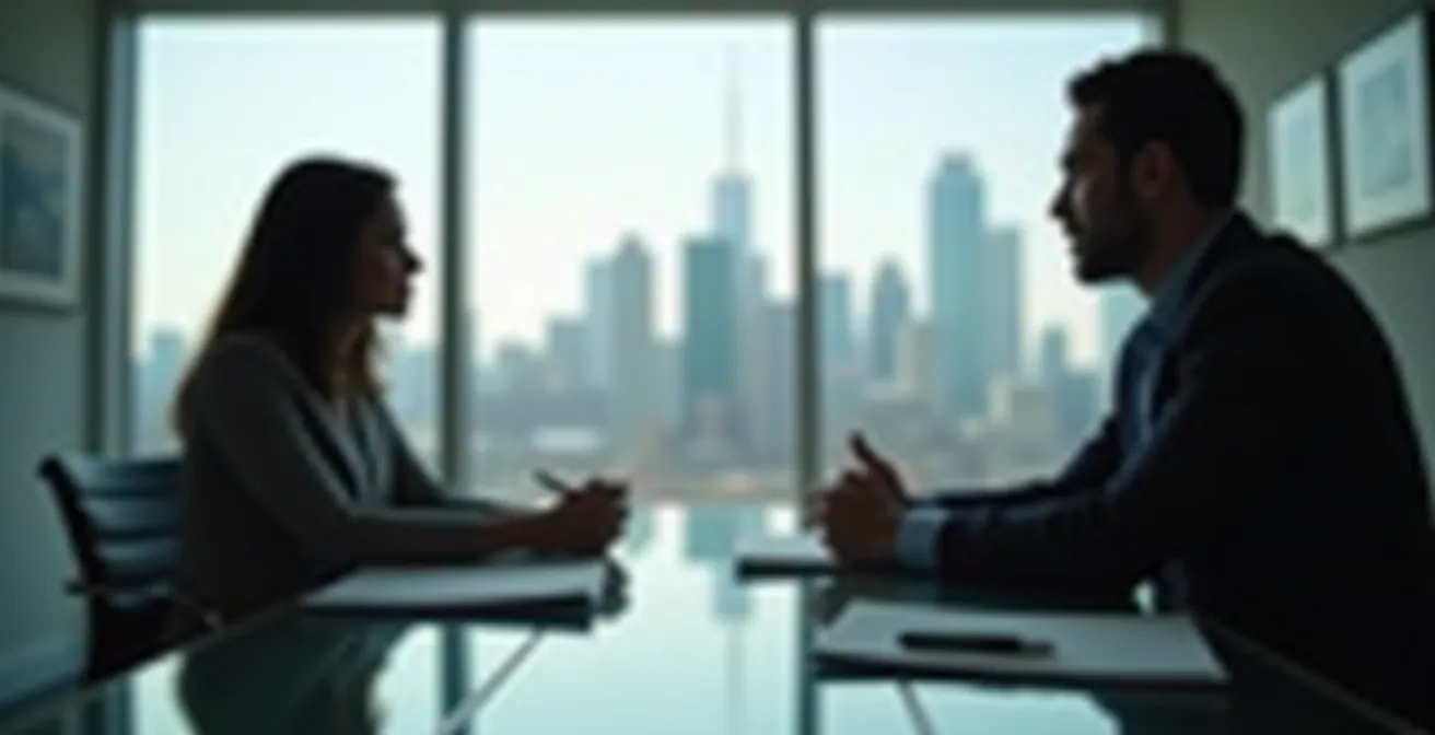 Scène d'entrevue professionnelle dans un bureau canadien moderne avec candidat confiant