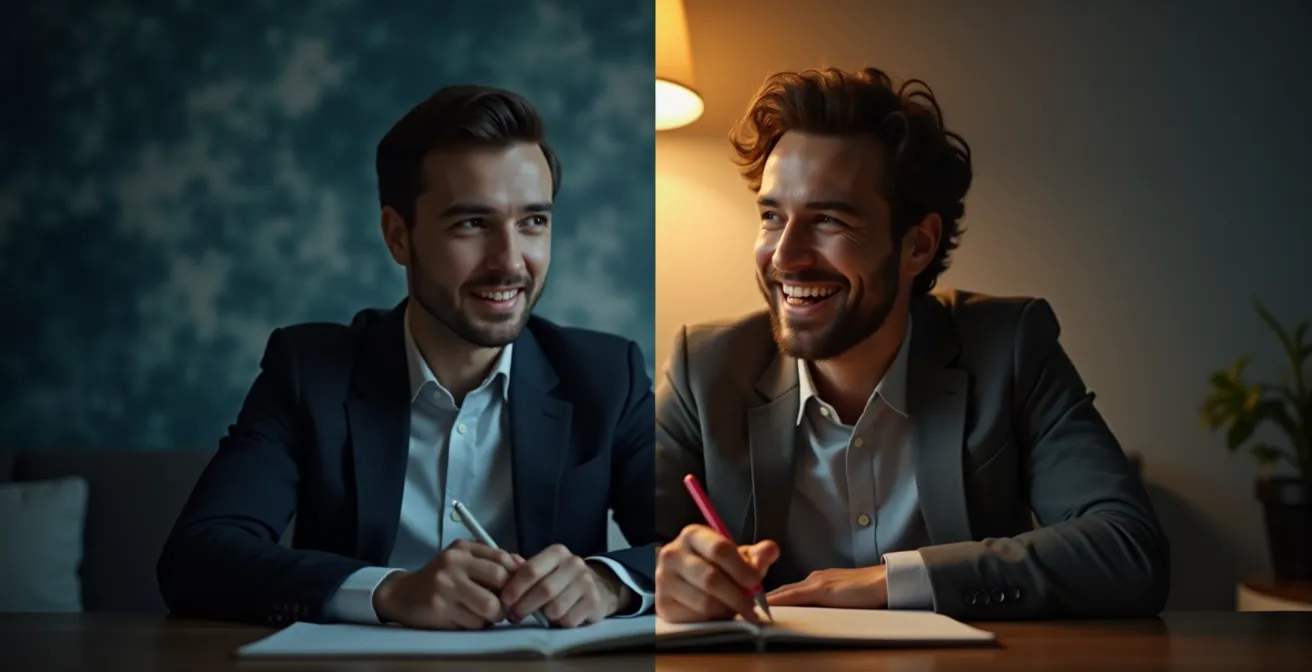 Professionnel en réflexion montrant une attitude d'apprentissage continu