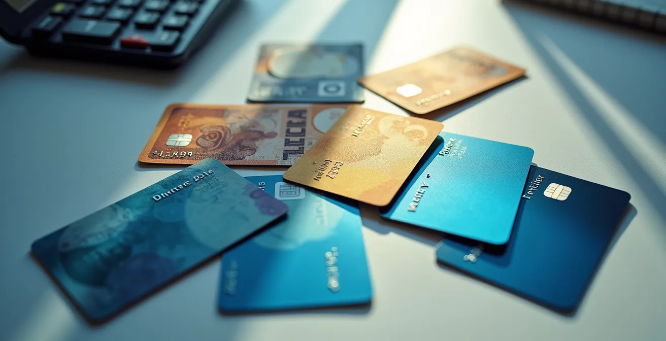 Arrangement artistique de cartes bancaires et documents financiers sur un bureau moderne, symbolisant le choix d'une offre bancaire.