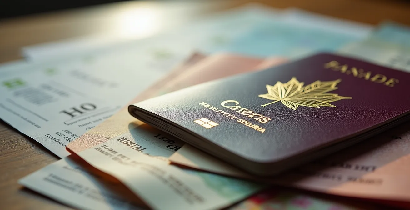 Documents d'assurance PVT étalés sur une table avec passeport canadien