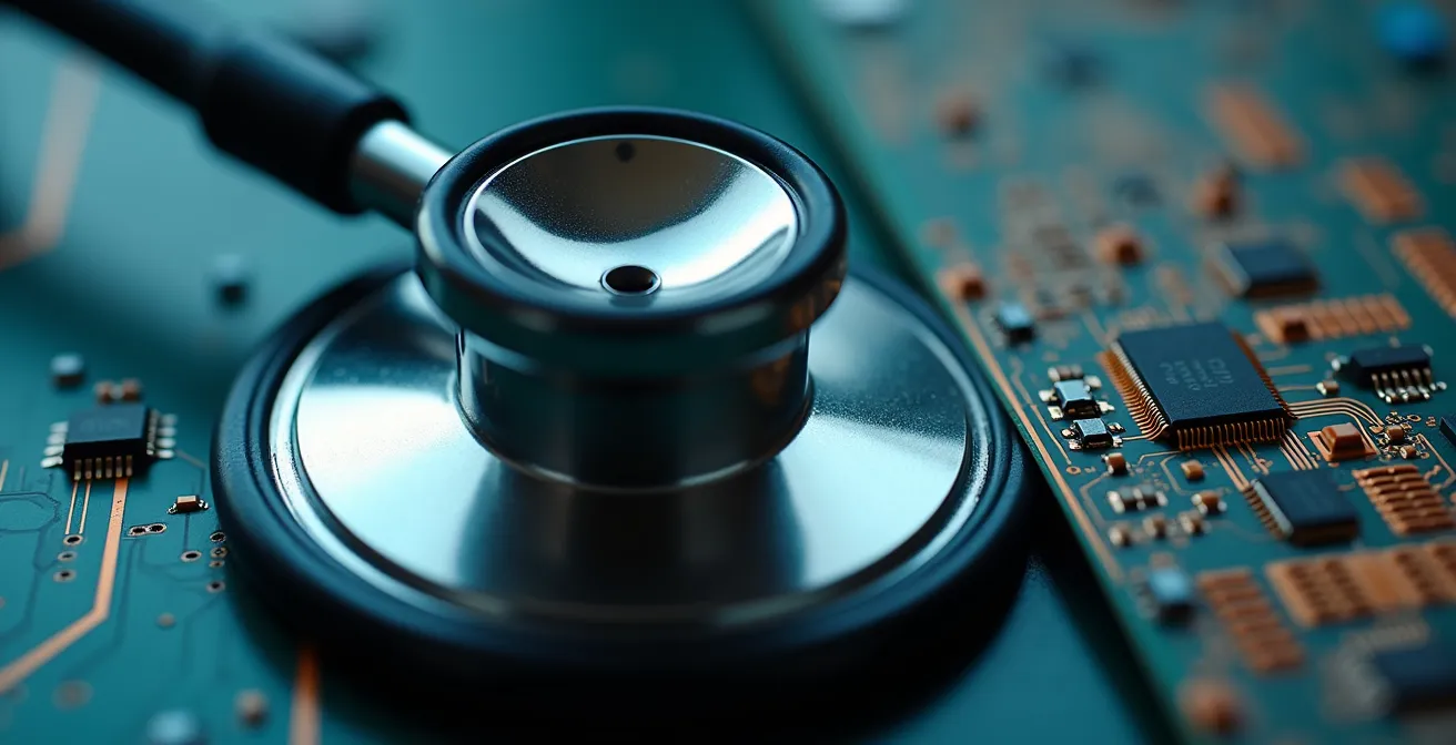 Vue macro détaillée d'un stéthoscope médical et d'un circuit électronique symbolisant les deux secteurs