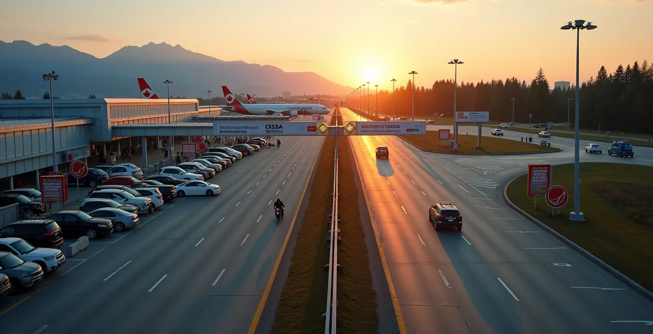 Vue aérienne montrant la différence entre un grand aéroport international canadien animé et un poste frontalier terrestre plus calme, illustrant le choix stratégique du point d'entrée