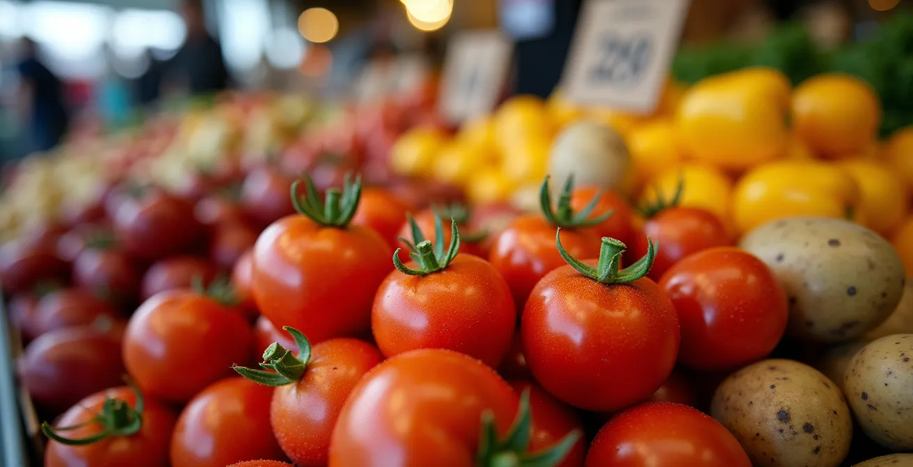 Étalage de marché montrant la variation des prix alimentaires entre provinces