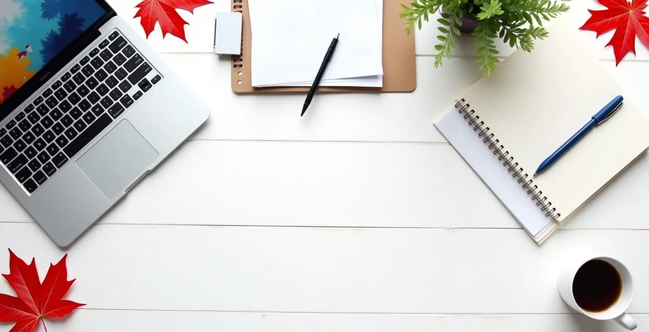 Vue aérienne d'un bureau avec différents outils de déclaration d'impôts disposés de manière organisée