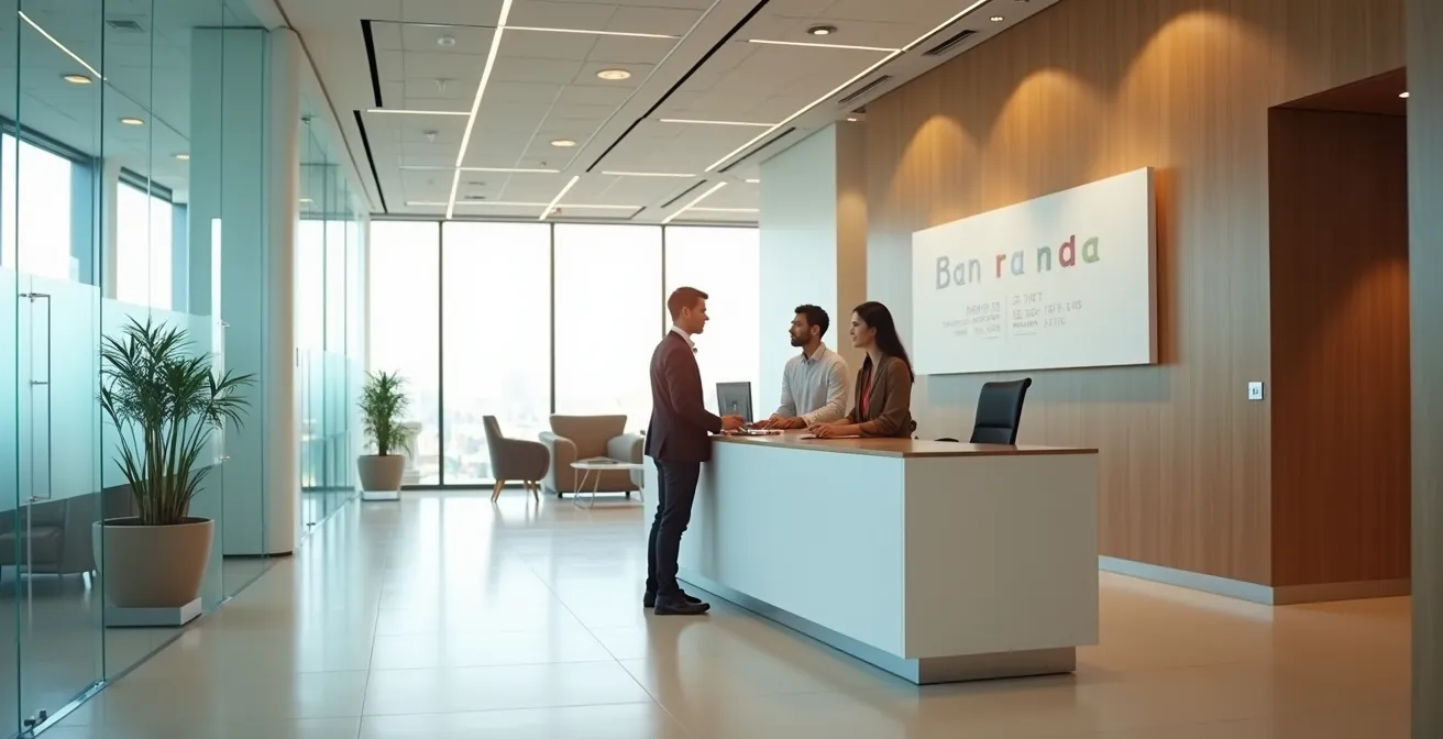 Rencontre chaleureuse entre un conseiller bancaire et un nouveau client dans une succursale canadienne moderne