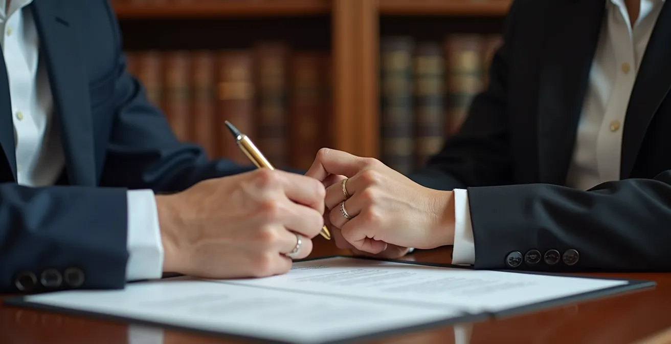 Couple signant un document juridique chez le notaire avec atmosphère professionnelle et rassurante