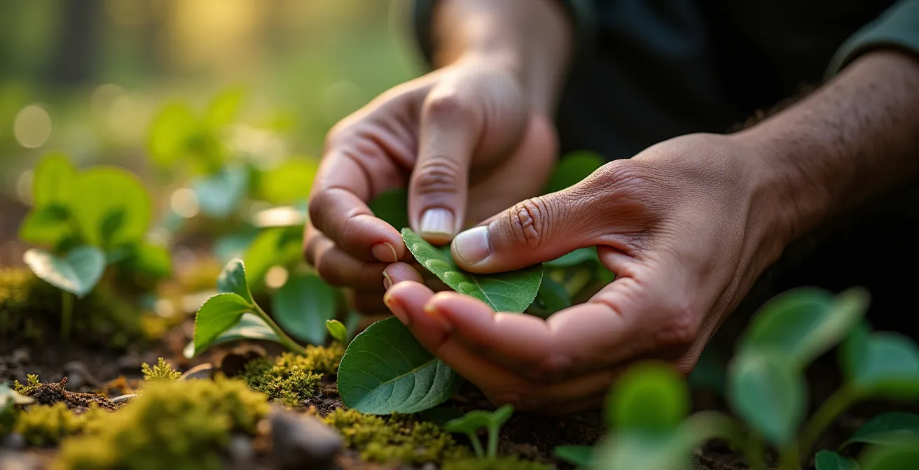 Mains expertes cueillant délicatement du thé du Labrador dans la forêt boréale
