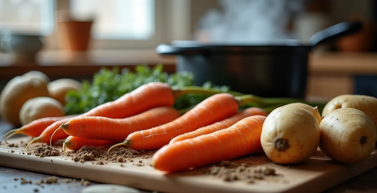 Cuisine québécoise chaleureuse avec mijoteuse et légumes racines sur le comptoir