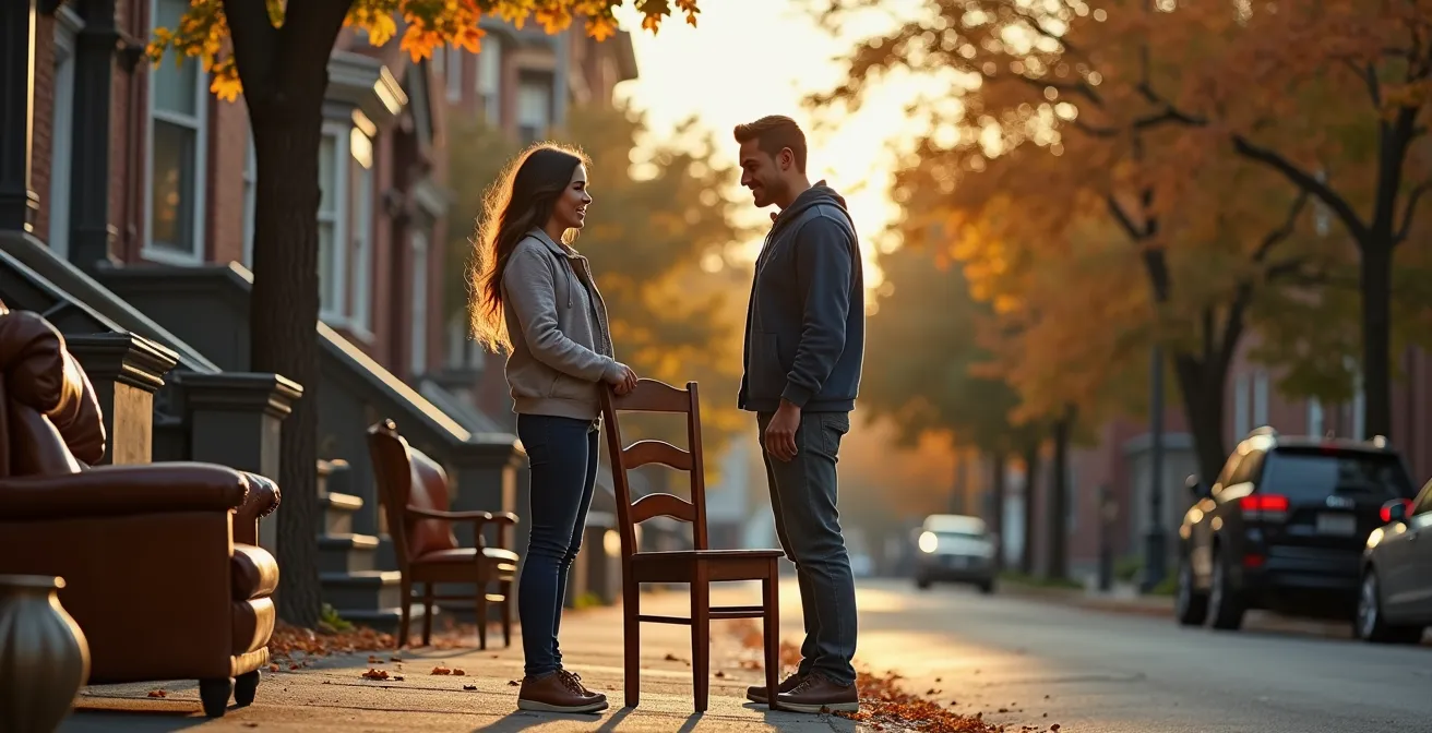 Scène de rue montréalaise lors de la période de déménagement avec des meubles disposés sur les trottoirs, illustrant la tradition du 1er juillet.