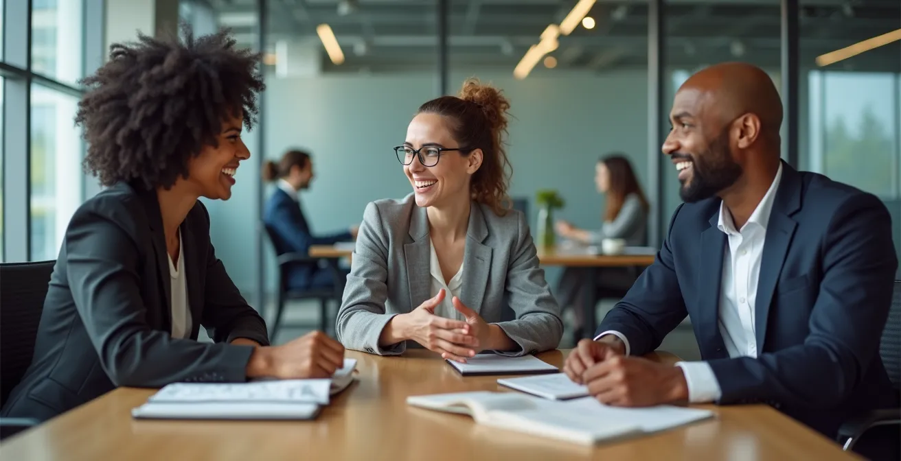 Employés de diverses origines culturelles en discussion respectueuse dans un bureau moderne