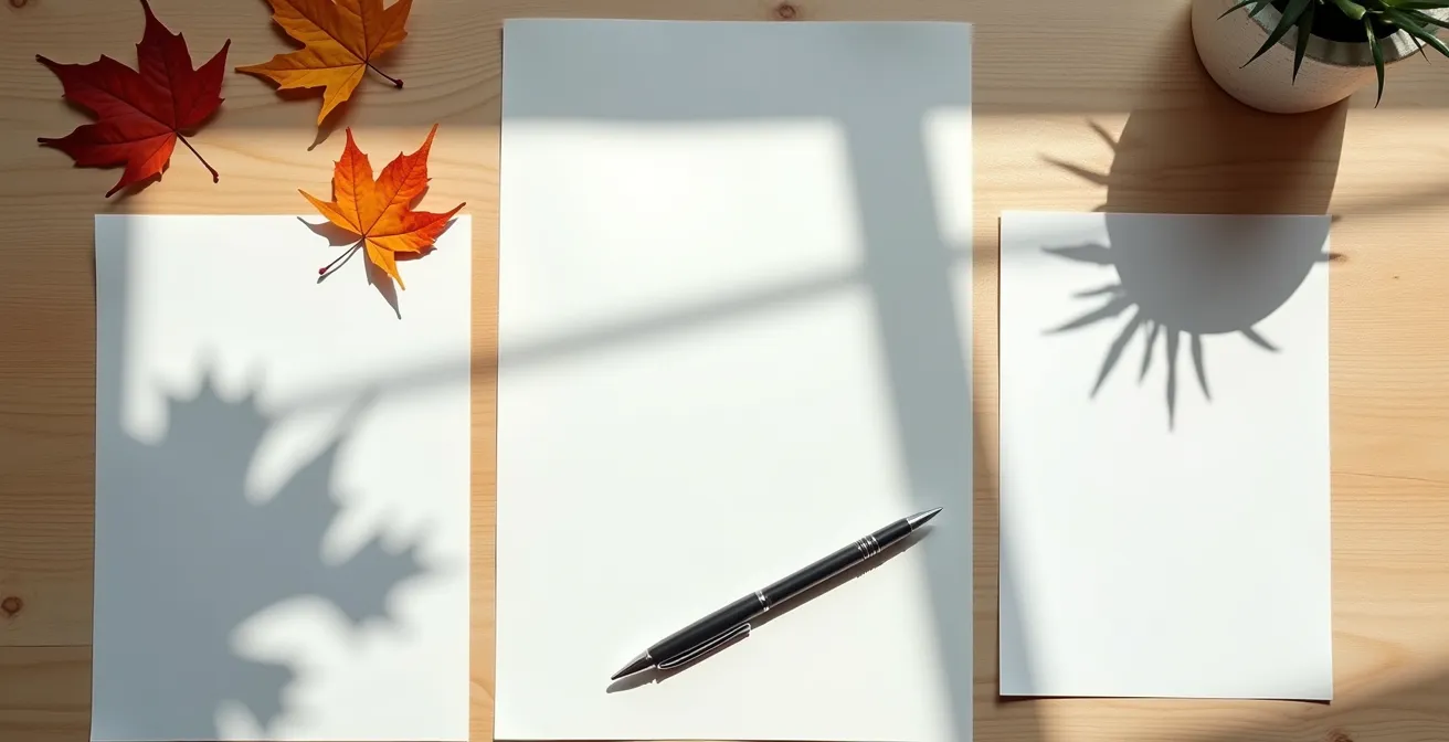 Vue aérienne minimaliste d'un bureau avec documents organisés et stylo, symbolisant la documentation d'une plainte