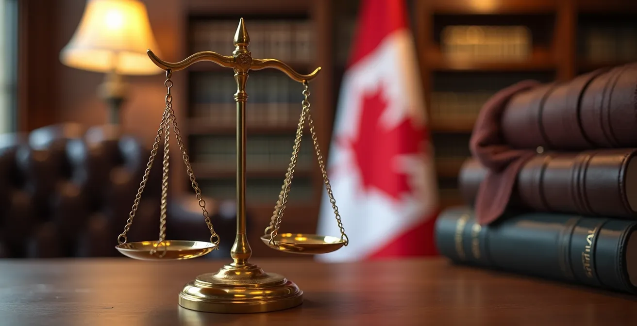 Représentation symbolique de la protection juridique au Canada avec la balance de la justice et la Charte canadienne des droits en arrière-plan flou