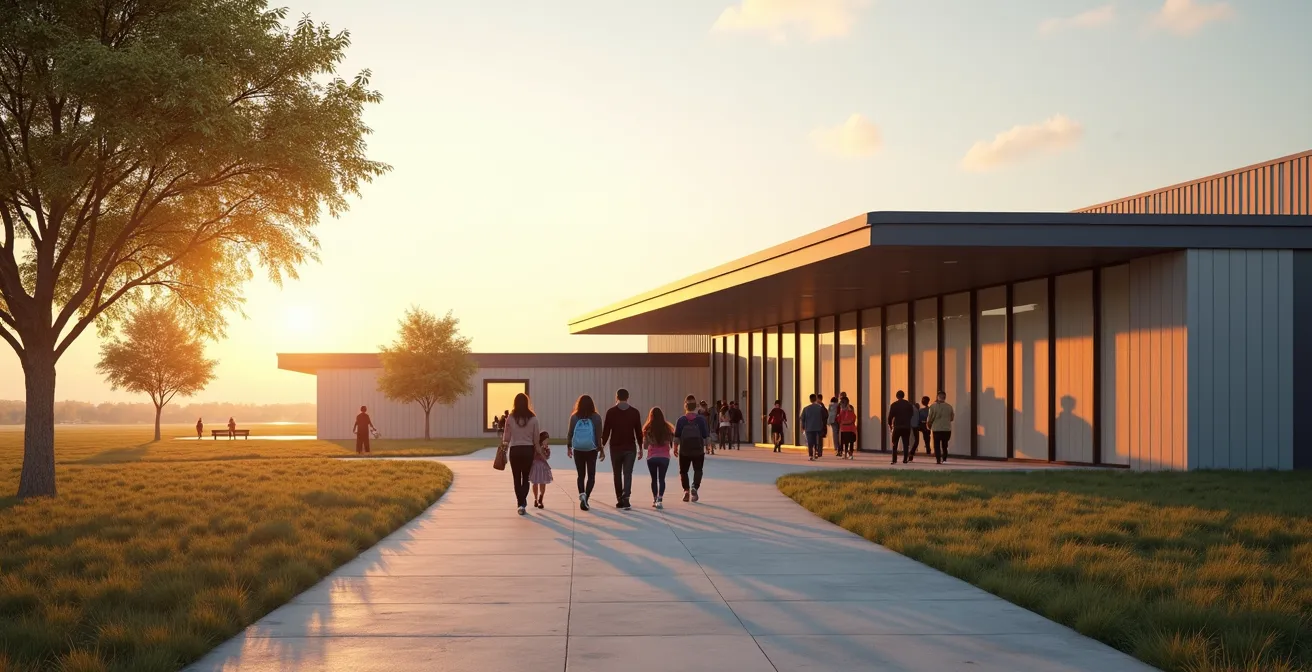 Entrée d'une école francophone moderne avec des familles diverses accueillies chaleureusement par le personnel