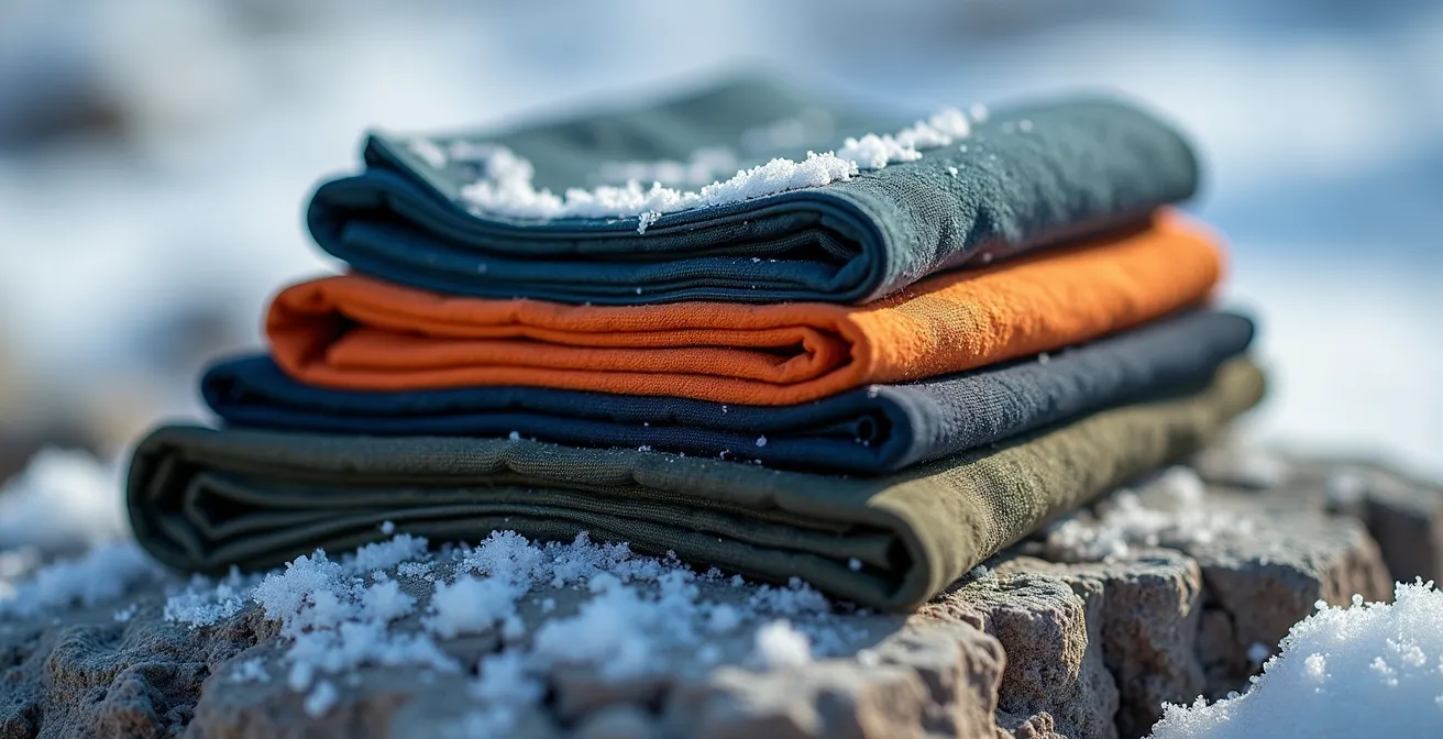Équipement de randonnée hivernale avec système trois couches disposé sur un rocher enneigé