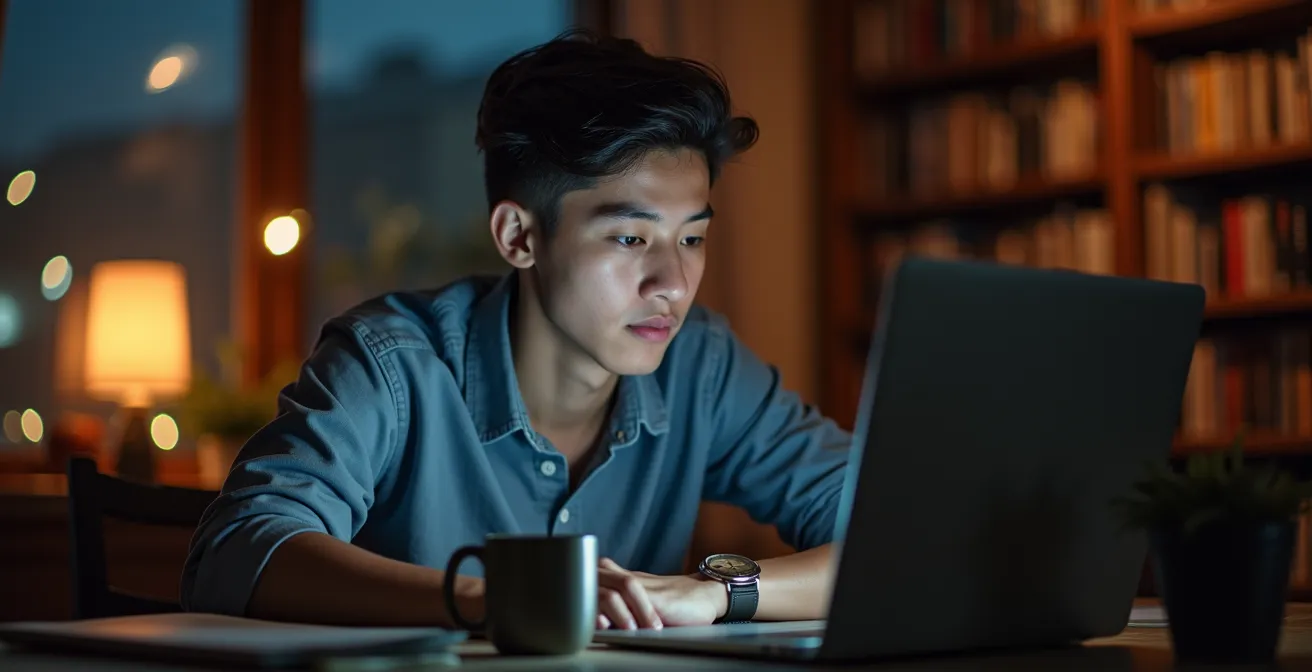 Étudiant consultant des ressources numériques universitaires tard le soir depuis son domicile