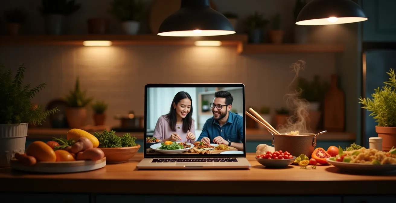 Famille immigrante en appel vidéo depuis leur cuisine canadienne, partageant un moment de cuisine traditionnelle