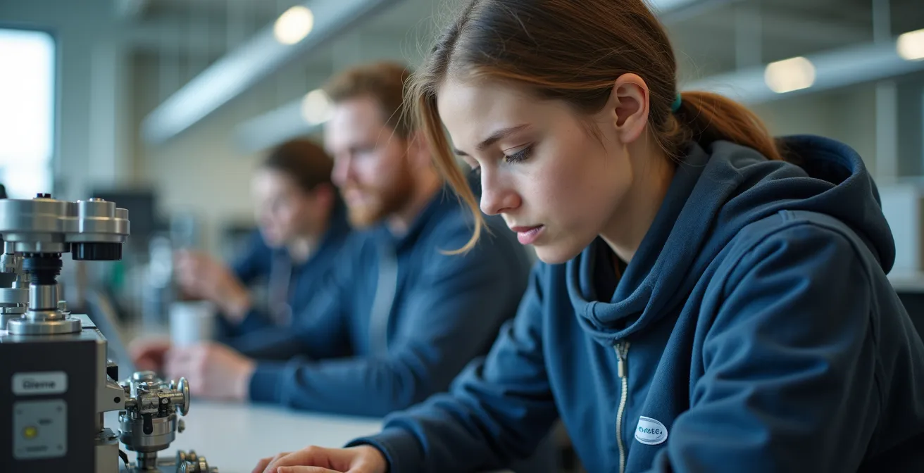 Laboratoire technique de cégep avec équipements spécialisés et étudiants en formation pratique