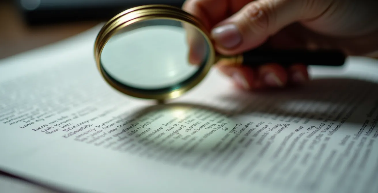 Main tenant une loupe au-dessus d'un contrat avec mise au point sur les détails flous