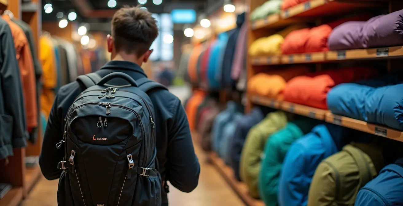Intérieur d'un magasin d'équipement de plein air avec des rayons colorés et du matériel de montagne.