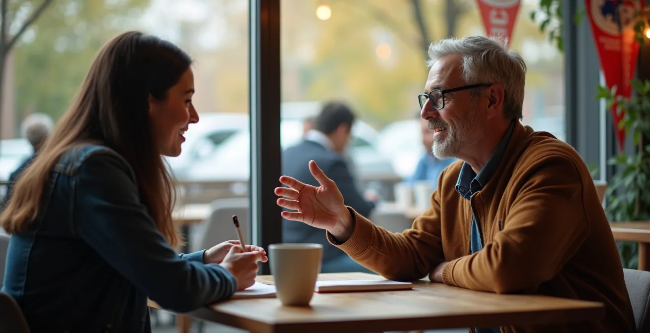 Rencontre de mentorat entre un étudiant et un alumni dans un café universitaire
