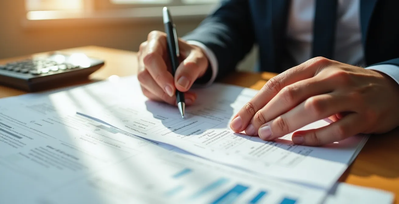 Bureau administratif hospitalier avec documents financiers flous sur table en bois