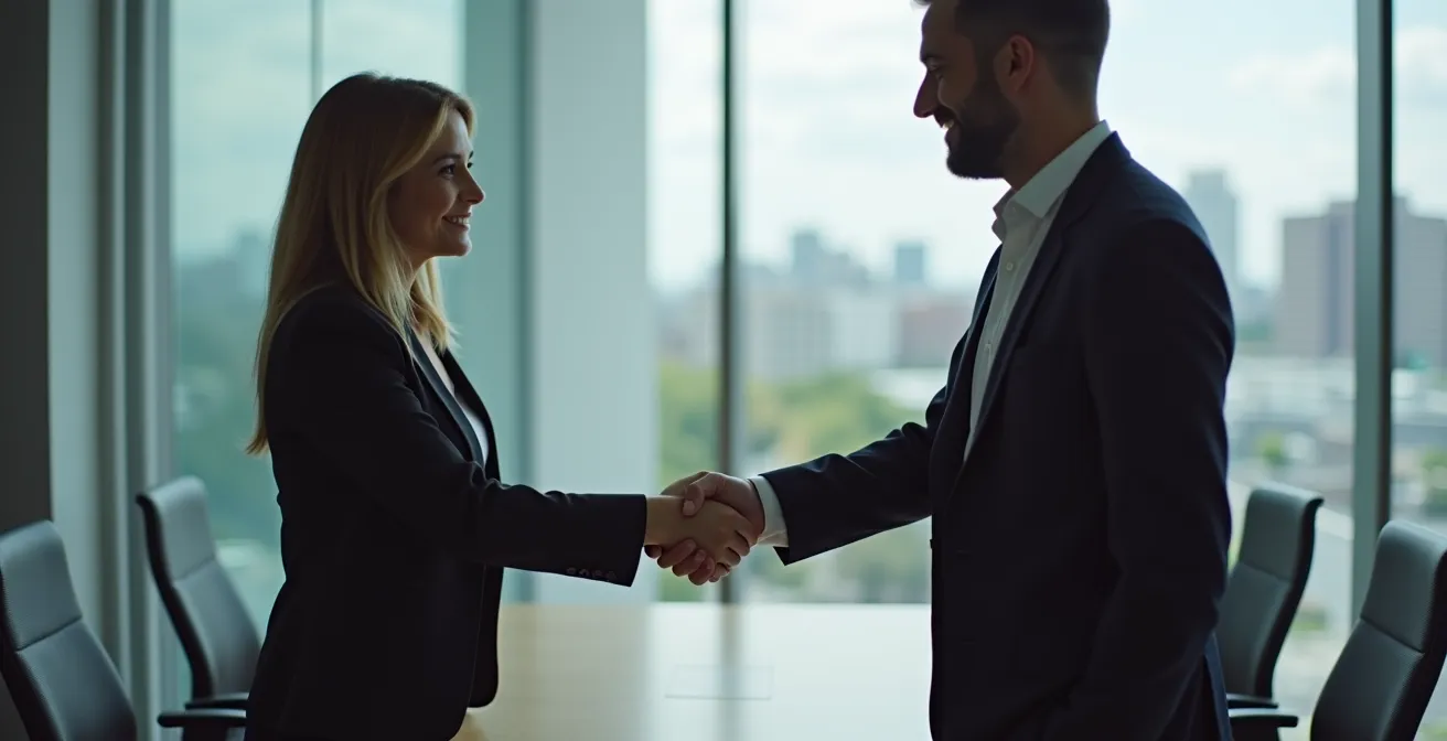 Poignée de main professionnelle entre candidat et recruteur dans un bureau moderne de Montréal