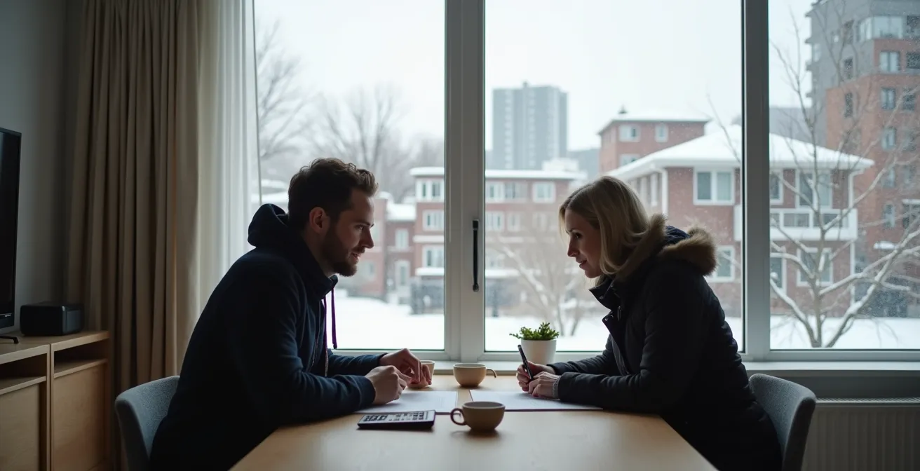 Propriétaire et locataire discutant autour d'une table avec vue sur Montréal enneigé