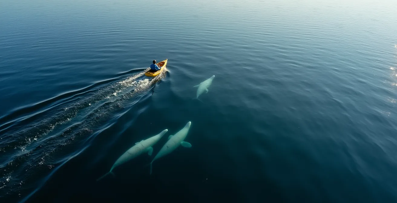 Vue aérienne d'un kayak solitaire maintenant une distance respectueuse d'un groupe de bélugas