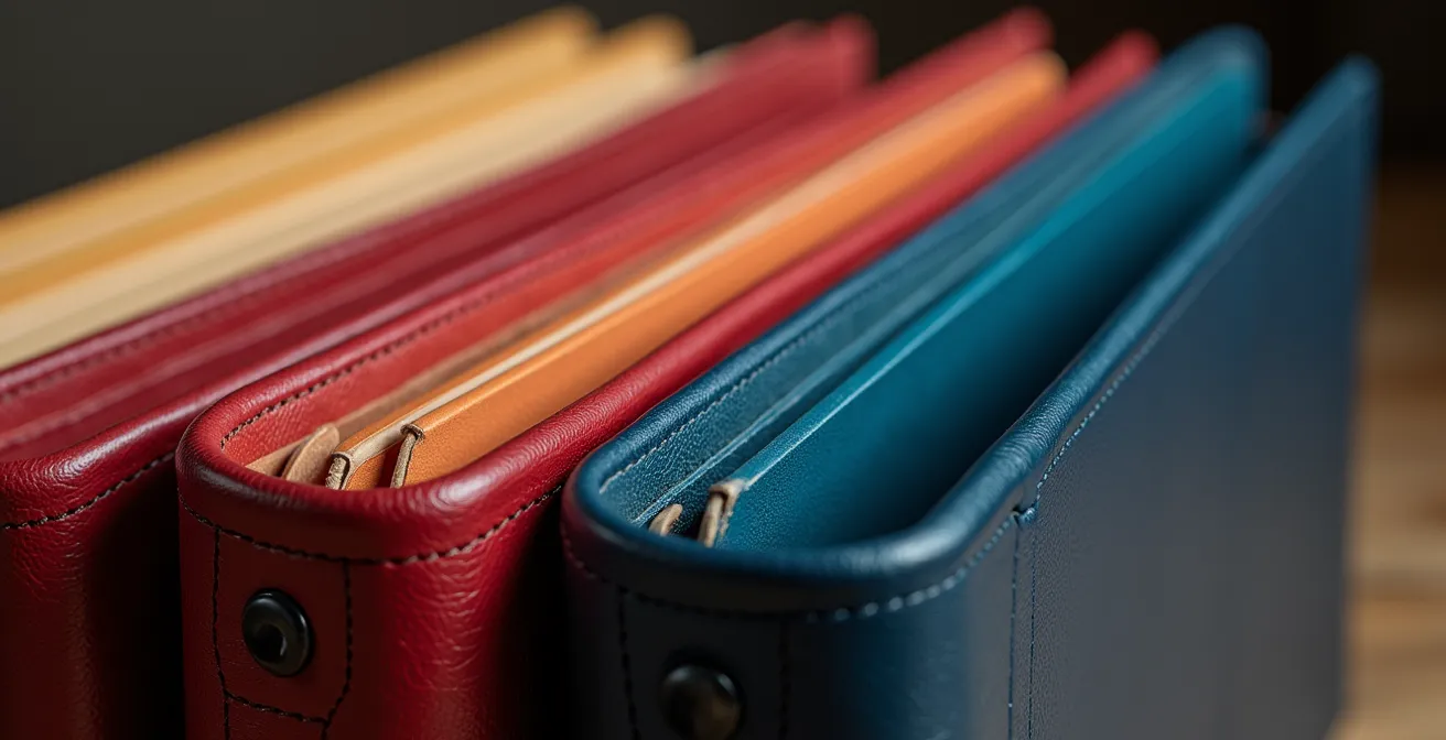 Vue macro de dossiers colorés organisés méthodiquement avec étiquettes codées par couleur sur un bureau en bois