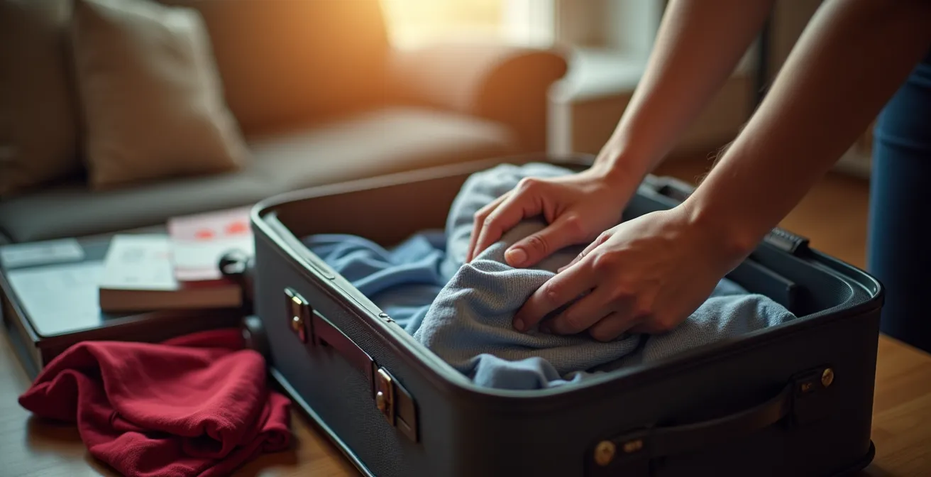 Personne préparant ses bagages avec passeport et billets d'avion flous en arrière-plan
