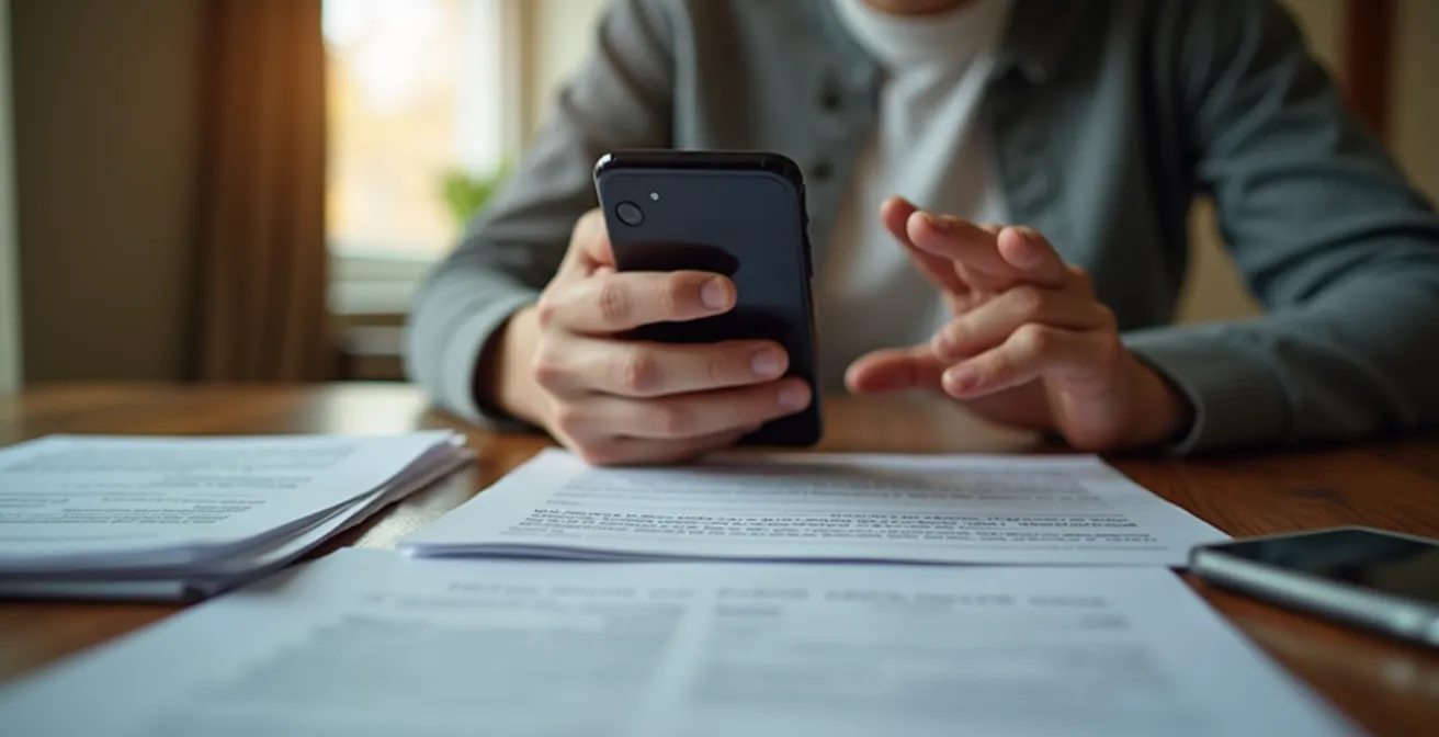 Main tenant un téléphone avec écran flou, expression inquiète visible en arrière-plan