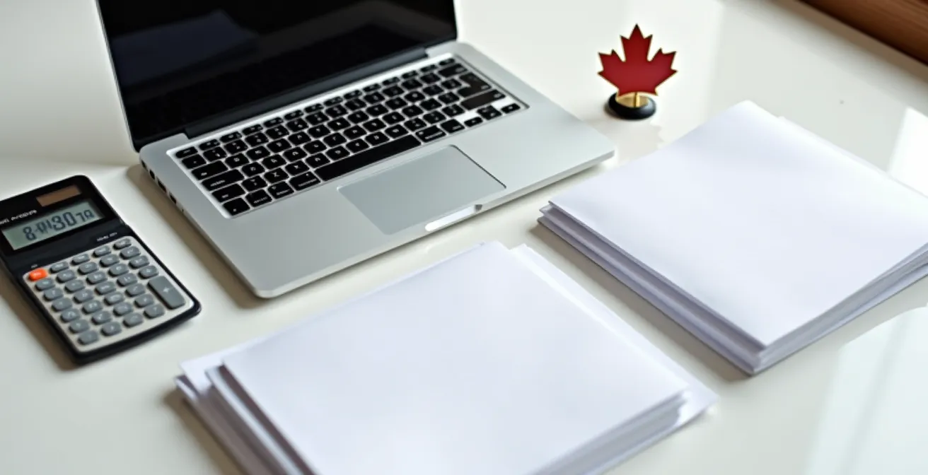 Vue minimaliste d'un bureau avec documents d'enregistrement d'entreprise et ordinateur portable fermé