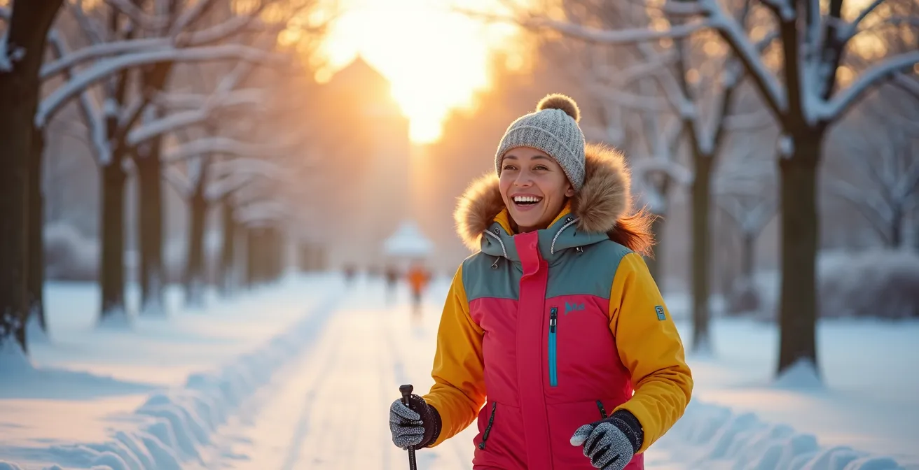 Personne marchant dans un parc enneigé du Québec sous un soleil d'hiver éclatant