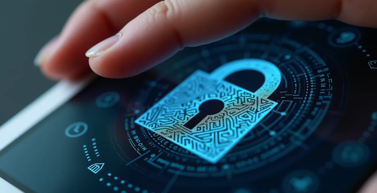 Vue macro d'un téléphone verrouillé posé sur une table avec une main qui le protège, symbolisant la protection des données personnelles