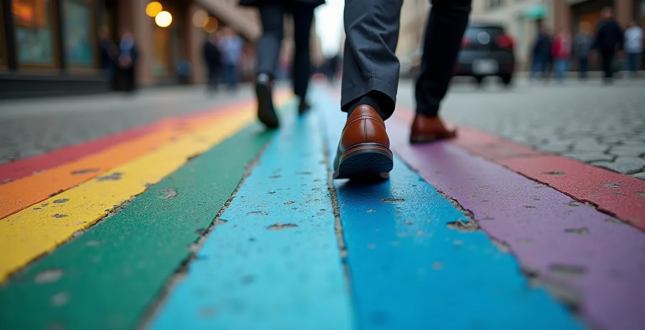 Vue de rue vibrante d'un quartier gai canadien avec commerces diversifiés et professionnels
