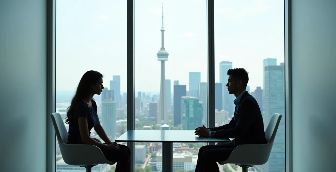 Jeune professionnel en entretien d'embauche dans un bureau moderne de Toronto