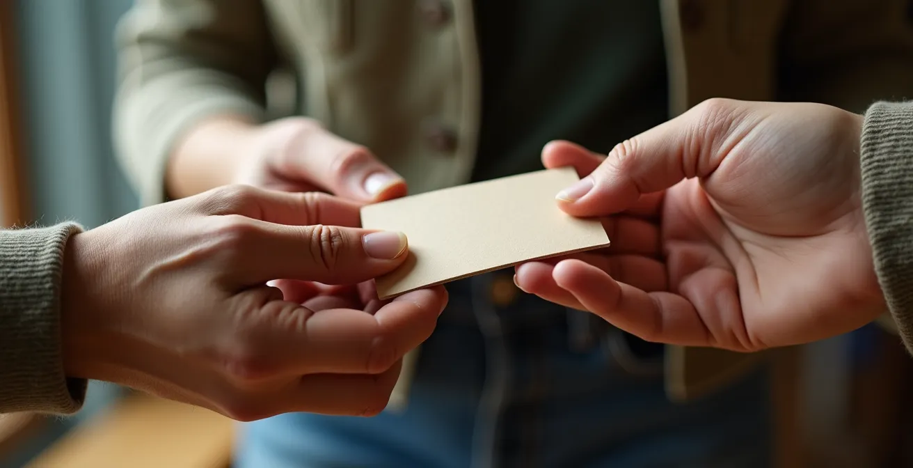 Vue macro détaillée de mains échangeant une carte d'affaires écoresponsable en papier recyclé