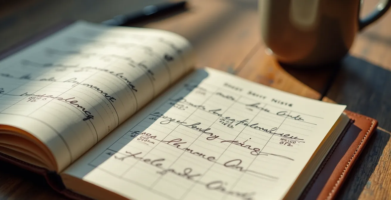 Vue macro d'un agenda professionnel avec des rappels de suivi et une tasse de café