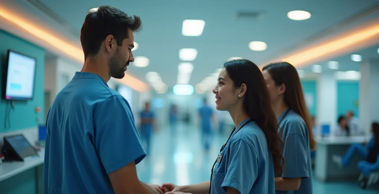 Hall d'urgence moderne d'un hôpital montréalais avec personnel médical et patients