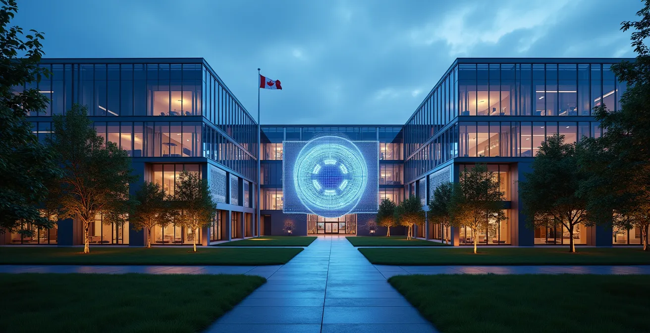 Campus de l'Université de Waterloo avec son architecture moderne, entouré d'espaces verts et de bâtiments technologiques innovants